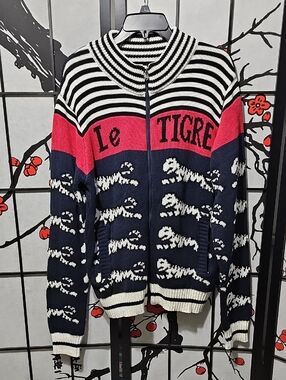 Le Tigre Navy Red and White Zip-Up Knit Sweater with Tiger Motif XL New